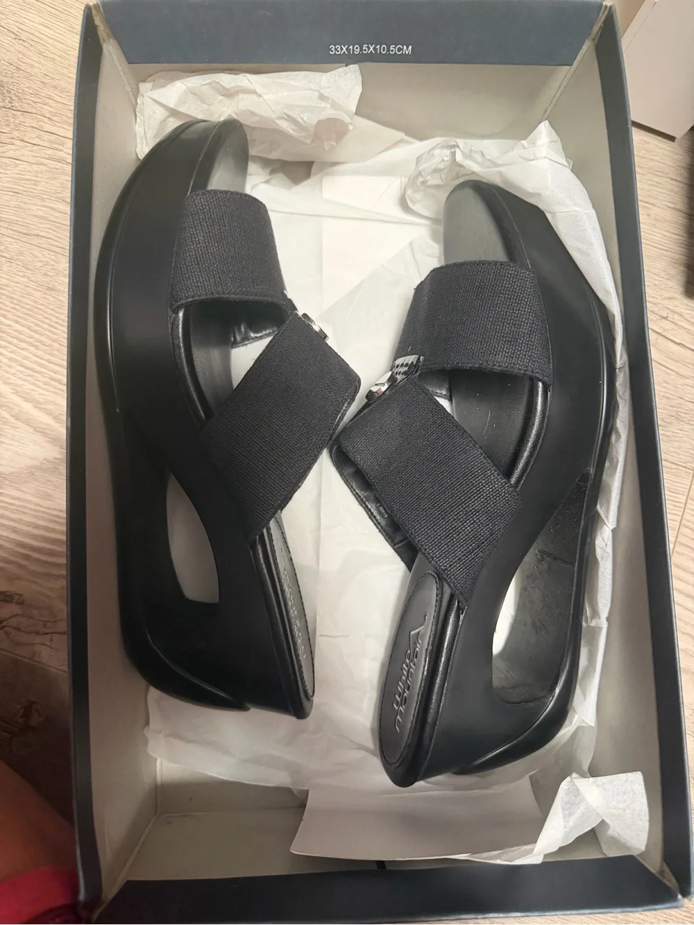 White Mountain Black Elastic-Strap Platform Wedges